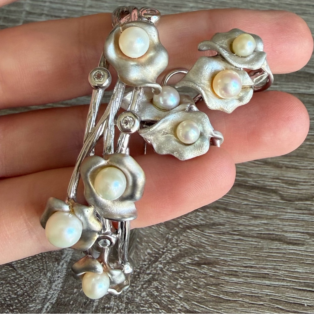 Ross Simons Diamonds And Pearls Cuff Bracelet and Earrings 2 Piece Set 925 Rare